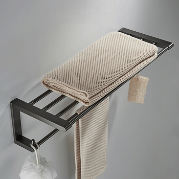 Brushed Gunmetal Grey Brass Bathroom Towel Rack With Robe Hooks Hotel Wall Mounted