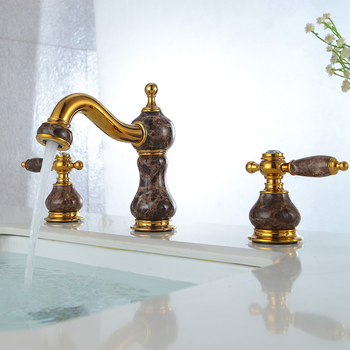 Gold Bathroom Sink Faucets Polished Brass Widespread Brown/ White Luxury Two Tone Marble