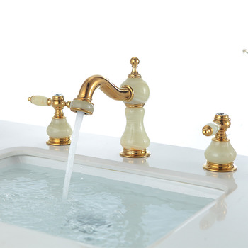 Luxury Gold Bathroom Faucets 3 Hole Widespread Polished Gold Solid Brass Marble Two Tone 