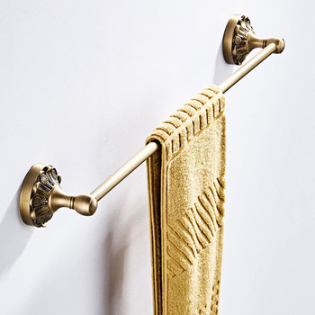 Antique Brushed Brass Bathroom Single Towel Racks Wall Mount 24 inch Carved Rustic Decorative