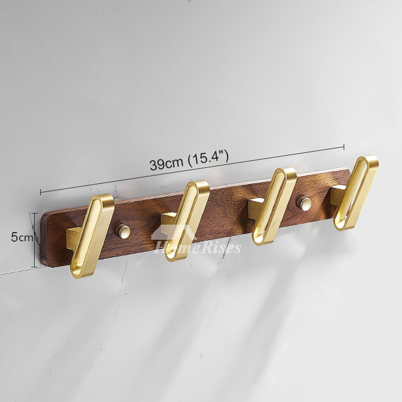 Brushed Brass Walnut Wood Bathroom Hooks Decorative Wall Coat Hooks Gold 3  - 6 Towel and Robe