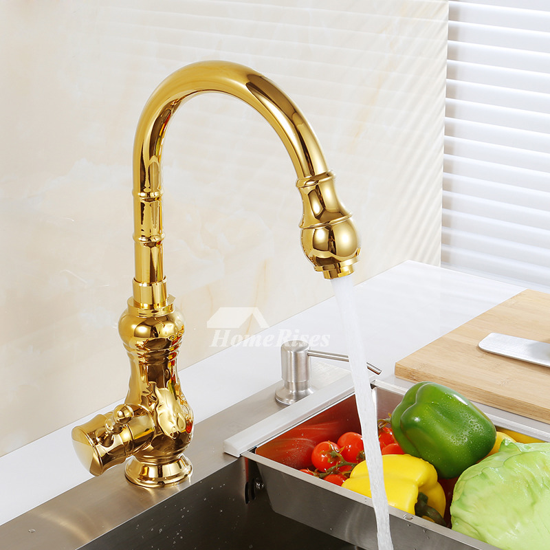 Single Handle Gooseneck Kitchen Faucet Brass Polished Gold Rotatable Luxury