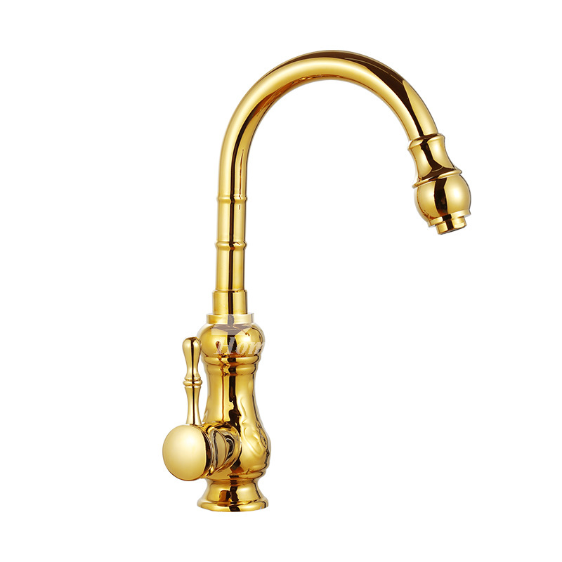 Single Handle Gooseneck Kitchen Faucet Brass Polished Gold Rotatable Luxury