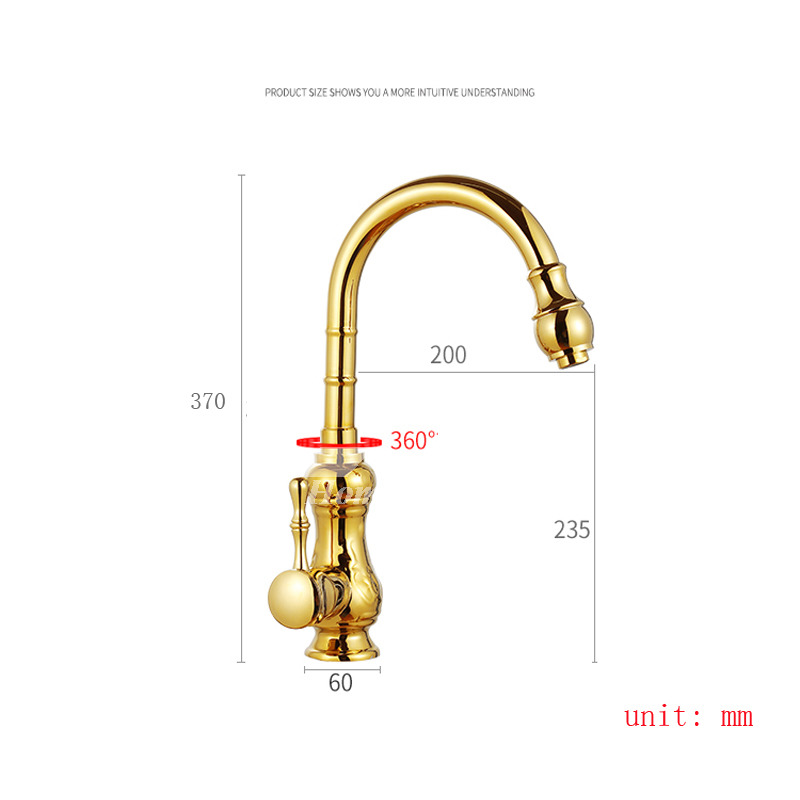 Single Handle Gooseneck Kitchen Faucet Brass Polished Gold Rotatable Luxury