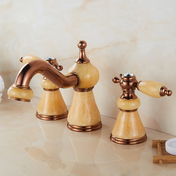 Luxury Rose Gold Brass Bathroom Faucets 3 Hole Marble Widespread Vanity Sink Faucet 2 Handle Yellow/ Light Green/ Brown