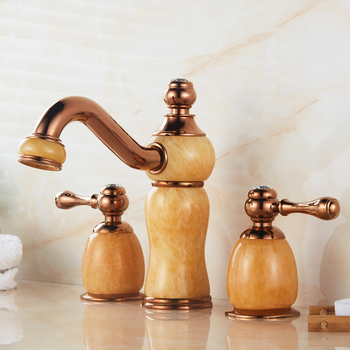 Widespread Vanity Sink Faucets Three Holes Luxury Rose Gold Brass Marble Bathroom Jade