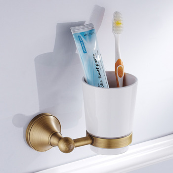 Wall Mount Bathroom Toothbrush Holder Brass Ceramic Cup Brushed Gold Antique