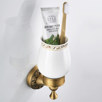 Antique Brass Shower Toothbrush Holder Carved Single/ Double Ceramic Cup Bathroom