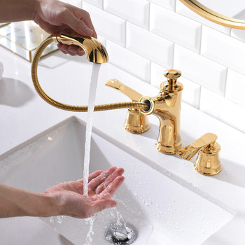 Luxury 3 Hole Brass Widespread Bathroom Faucet Polished Gold/ Chrome 2 Handle Pull Down Bathtub Faucet