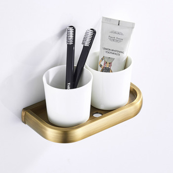 Bathroom Toothbrush Holder Double Ceramic Cup Antique Brass Brushed Gold Wall Mounted