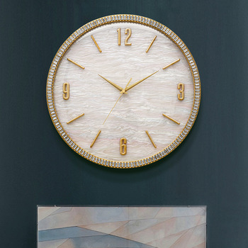 Seashell Dial Brass Wall Clock Crystal Carved Round Luxury Decorative Silent Dining Room