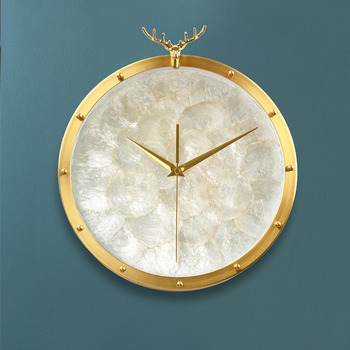 Luxury Deer Solid Brass Wall Clock Silent Seashell Dial Brushed Gold 14Inch Round Living Room Decorative