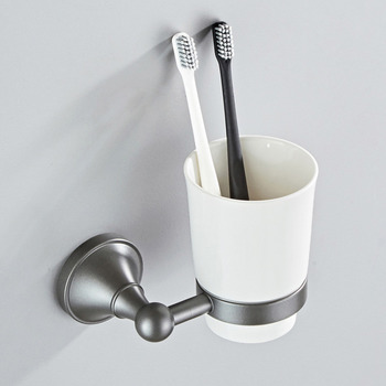 Gunmetal Grey Toothbrush Holder Brass Single/Double Ceramic Cup Bathroom Wall Mount 