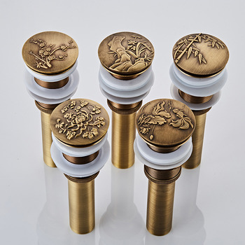 Brushed Antique Brass Lavatory Vanity Sink Drain Pop-up Overflow Hole Carved Bathroom Sink Stopper
