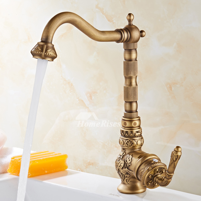 Luxury Antique Brass Kitchen Sink Faucet Gold Carved Handle Single Hole Rotatable Bathroom Sink Faucet