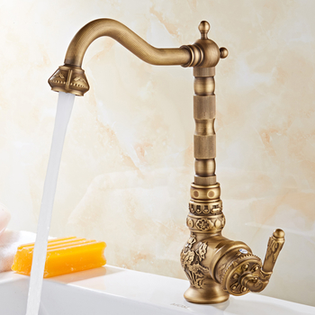 Luxury Antique Brass Kitchen Sink Faucet Gold Carved Handle Single Hole Rotatable Bathroom Sink Faucet