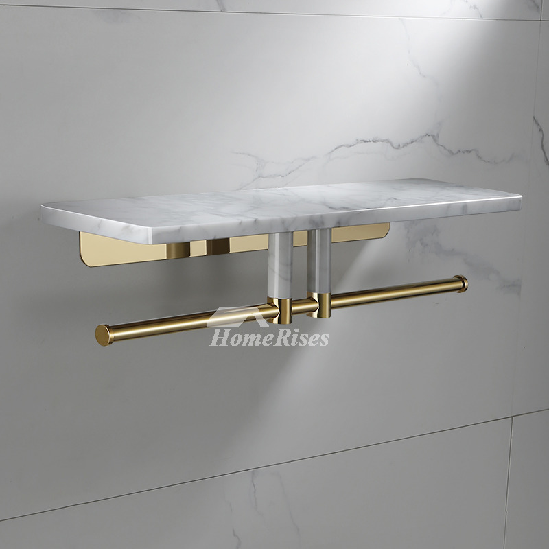 Luxury Double Marble Brushed Brass Toilet Paper Holder With Shelf