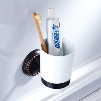 Bathroom Brass Carved Toothbrush Holder Oil Rubbed Bronze Single/ Double Ceramic Cup Wall Mounted 