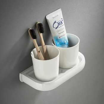 Shower Toothbrush Holder White Double Ceramic Cup Wall Brass Bathroom
