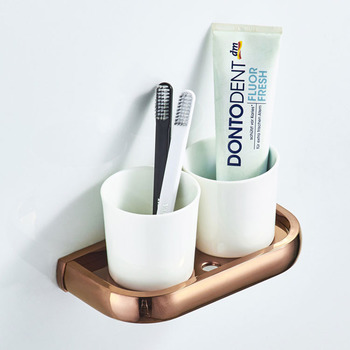Rose Gold Shower Toothbrush Holder Double Ceramic Cup Wall Brass Bathroom Modern