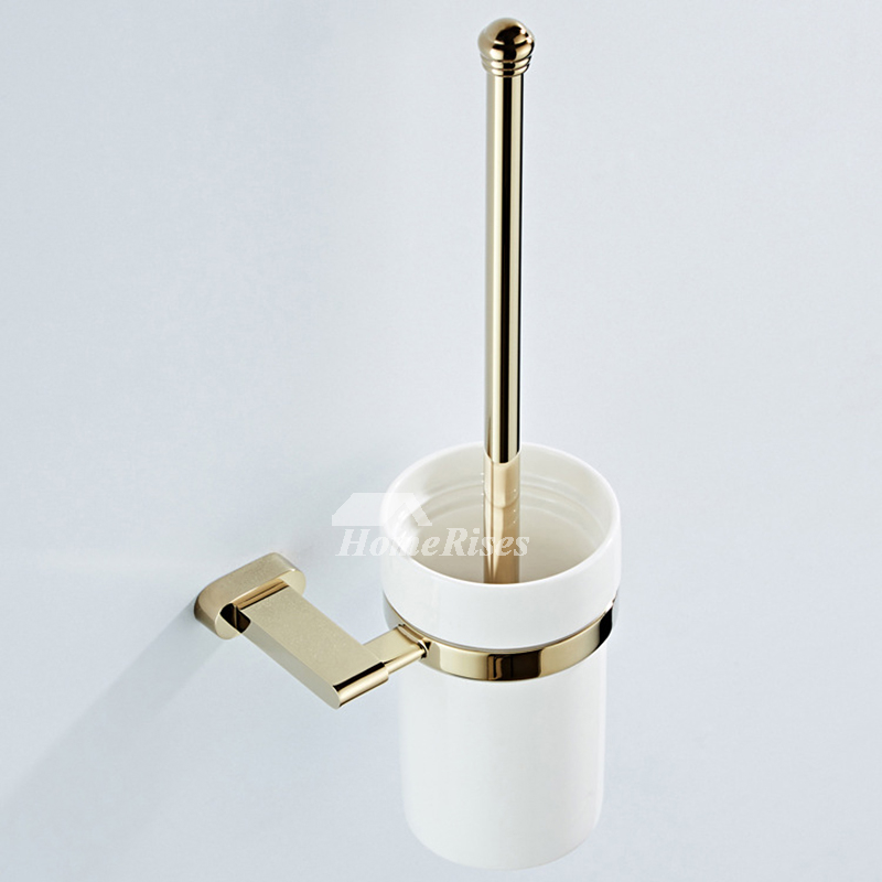 Polished Brass Luxury Toilet Brush Holder White Ceramic Gold Decorative