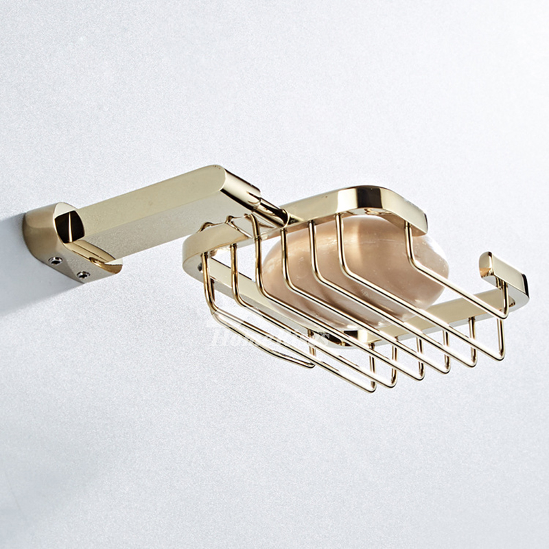 Gold Luxury Shower Soap Dish Wall Mounted Polished Brass Bathroom Square