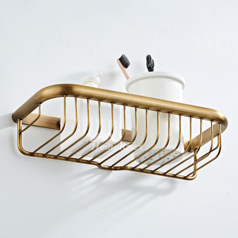 Solid Brass Gold Wall Mounted Shower Caddy Shelf – Modern Bathroom Storage Basket