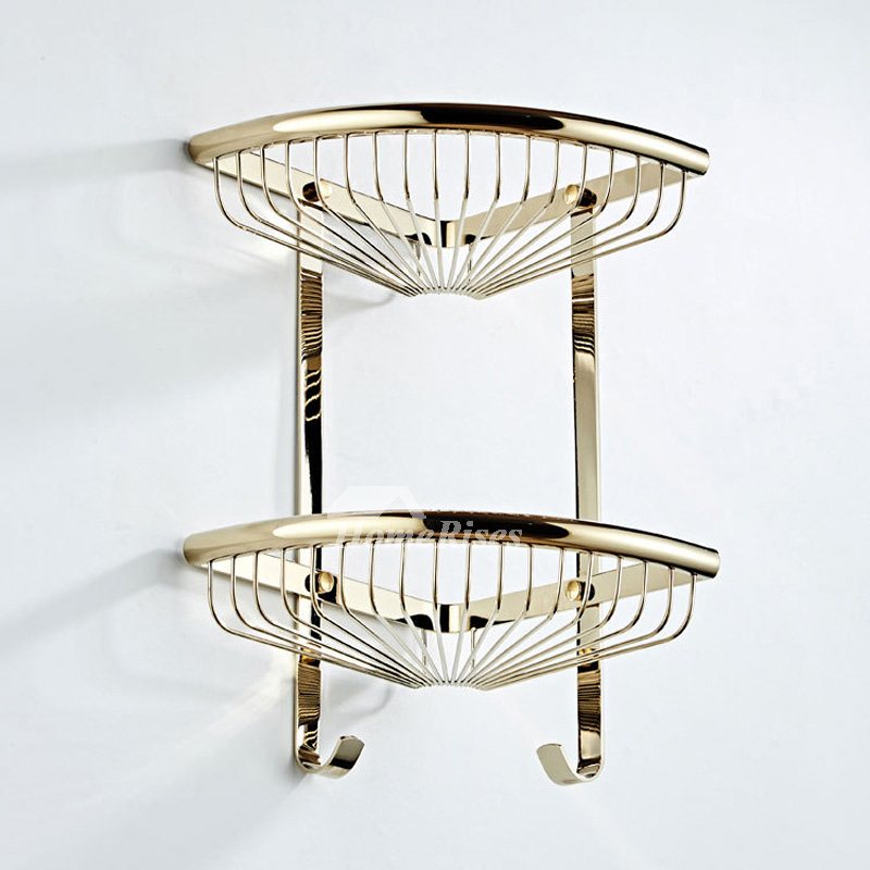 Gold Brass Bathroom Shower Corner Shelf Storage 2 Tier Shower