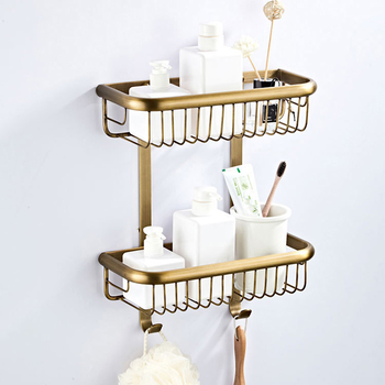 Antique Gold Fine Brass Bathroom Shelf Double Shower Caddy Basket Two Tier Draining Hardware