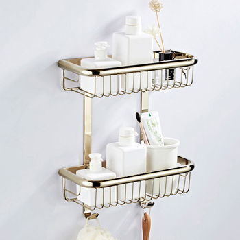 Gold Brass Wall Mounted Double Shower Caddy Basket Bathroom Shelves Polished Brass 2 Layer