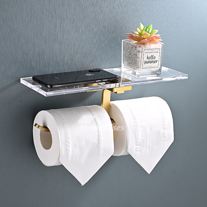 https://www.homerises.com/images/im/202209/HOIS830714/Gold-Black-Modern-Double-Toilet-Paper-Holder-Brass-Wall-Mounted-Acrylic-Bathroom-Tissue-Holder-With-Shelf-HOIS830714-1.jpg