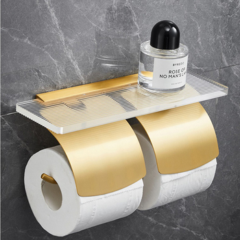 Modern Double Toilet Paper Holder Gold/ Black Wall Mounted Acrylic Bathroom With Shelf