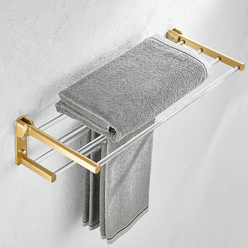 Foldable Towel Rack Brushed Brass Finish Acrylic Gold Wall Mount Bathroom Shelf Modern