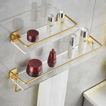 Modern Gold Bathroom Shelves Acrylic Cosmetic Storage Rack With Towel Bar Wall Mount