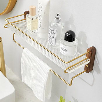 Wall Mount Cosmetic Storage Rack Acrylic and Walnut Wood Gold Bathroom Shelves with Towel Bar