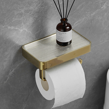 Wall Mount Toilet Roll Holder With Acrylic Shelf Bathroom Modern Gold/ Black/ Gunmetal Grey/ Silver
