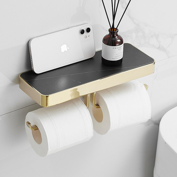 Black Marble Double Toilet Paper Holder With Shelf Roll Paper Holder Bathroom Wall Mount