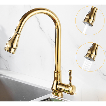Polished Brass Kitchen Faucet Gold Modern Bridge Pull Out Spray Rotatable Gooseneck Kitchen Sink Faucets