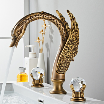 Luxury Gold Widespread Swan Bathroom Faucet 3 Hole Antique Brass Gooseneck Crystal Handle Bathtub Faucets