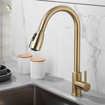 Brushed  Gold Kitchen Faucet Modern Single Hole Pull Out Spray Restaurant Kitchen Sink Taps