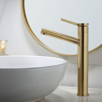 Waterfall Faucet For Vessel Sink Brushed Gold Tall Brass Bathroom Rotatable Single Hole Sink Faucet