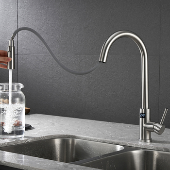 Brushed Nickel Kitchen Sink Taps Brass Gooseneck LED Silver Rotatable Pull Out Spray Kitchen Faucet
