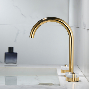 Gold Widespread Bathroom Sink Faucet Polished Brass White/ Black/ Dark Green Marble 2 Handles