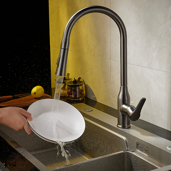 One Hole Kitchen Sink Taps Pull Out Spray Rotatable Brushed Modern Gunmetal Grey Brass Kitchen Faucet
