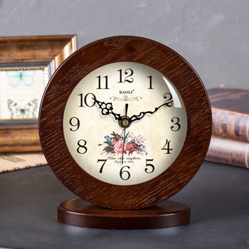 Small Desk Clock Wooden 7 Inch Bedroom Brown Clock Modern Round Bedside Table Clock