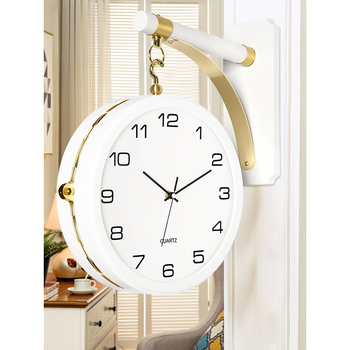 Decorative White Wall Clock Double Sided Modern Wall Mount Gold/ Black Wooden Quartz Living Room
