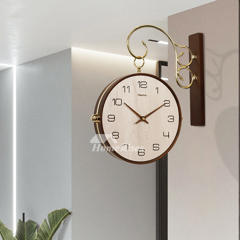 Living Room Double Sided Wall Clock Luxury Modern Walnut Wood Silent ...