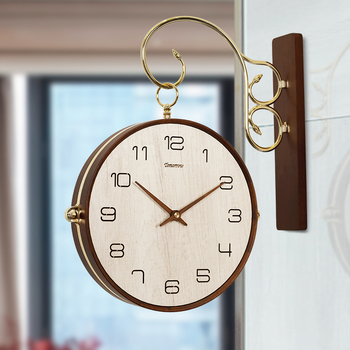 Living Room Double Sided Wall Clock Luxury Modern Walnut Wood Silent Decorative Round Wall Clocks