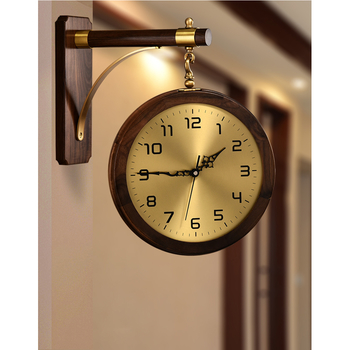 Silent Wall Clock Double Sided Black Walnut Wood Decorative Living Room Round Clocks