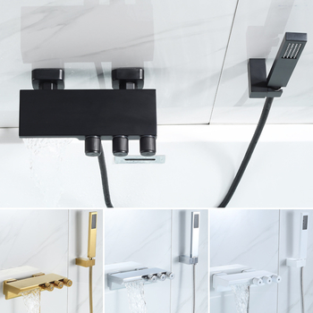 Black Tub Faucet With Handheld Shower Bathroom Brass Wall Mount Gold/ White/ Silver Modern Waterfall Tub Faucet